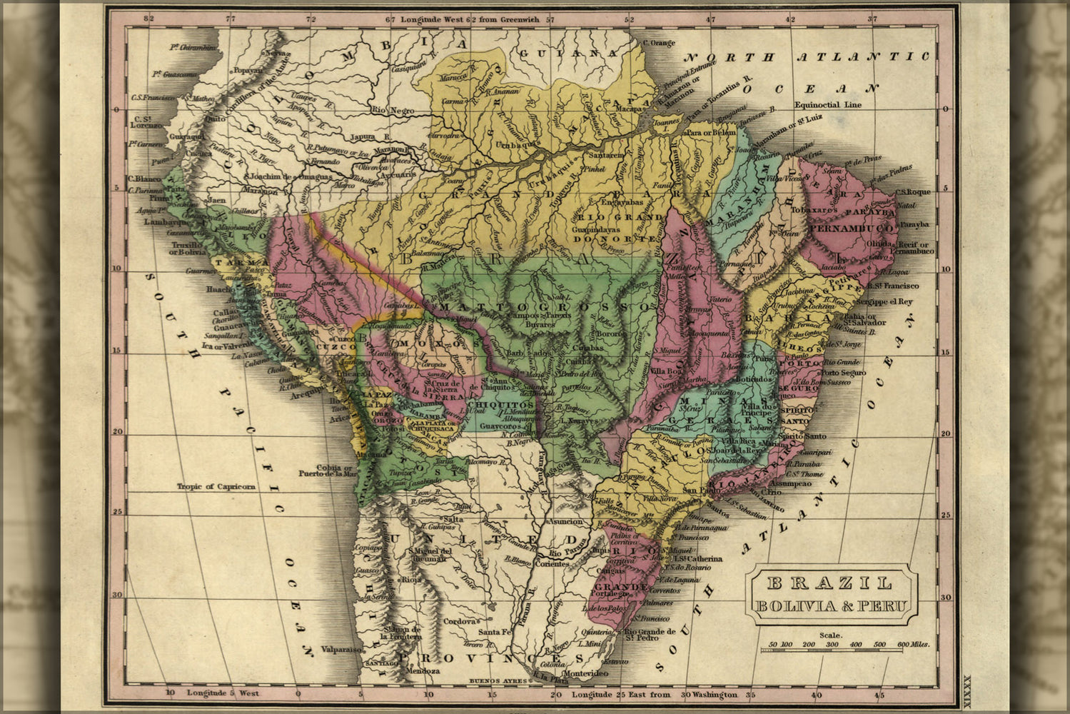 24"x36" Gallery Poster, map of Brazil, Bolivia & Peru 1829