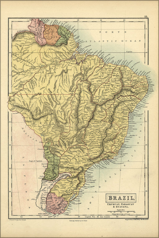24"x36" Gallery Poster, map of Brazil, Uruguay, Paraguay & Guayana. 1873