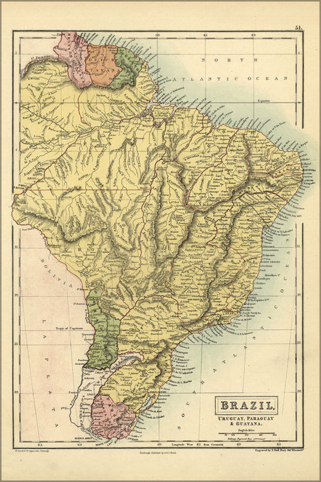 24"x36" Gallery Poster, map of Brazil, Uruguay, Paraguay & Guayana 1873