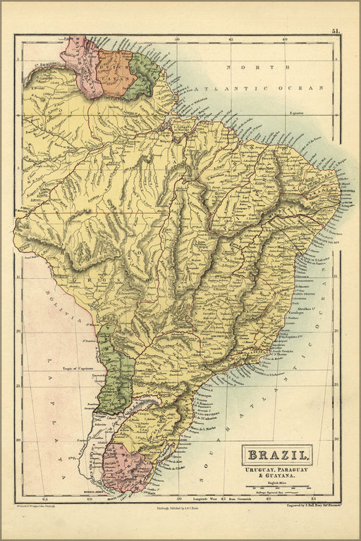24"x36" Gallery Poster, map of Brazil, Uruguay, Paraguay & Guayana 1873