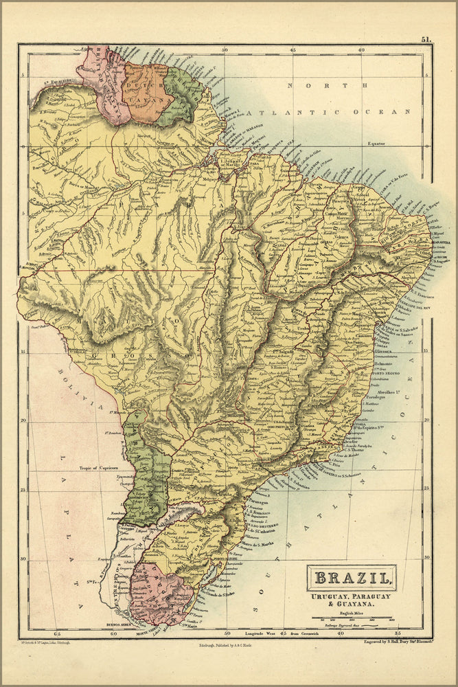 24"x36" Gallery Poster, map of Brazil, Uruguay, Paraguay & Guayana 1873
