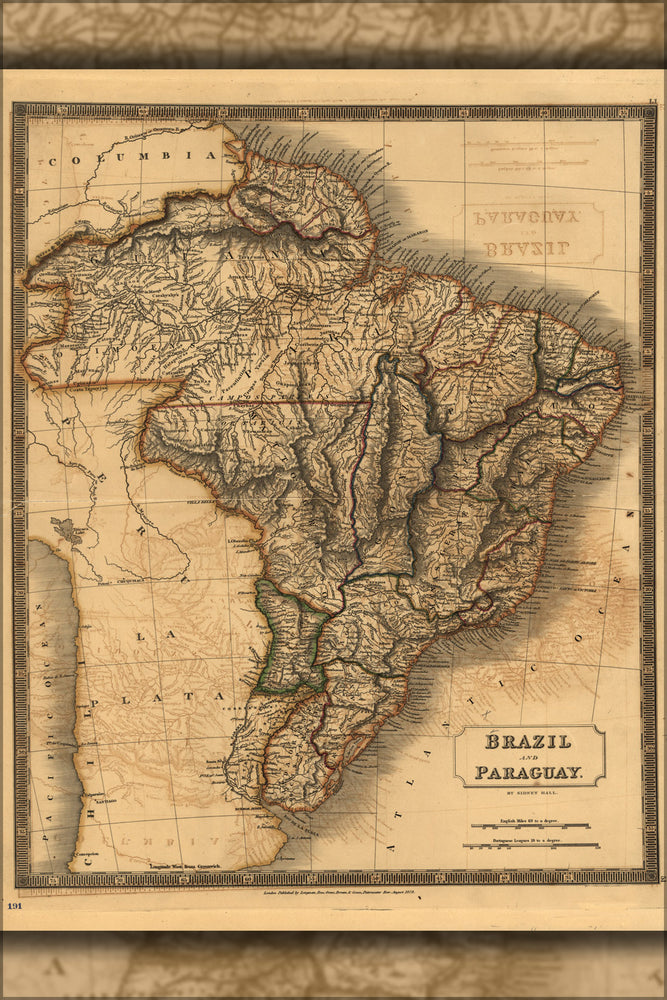 24"x36" Gallery Poster, map of Brazil and Paraguay 1828