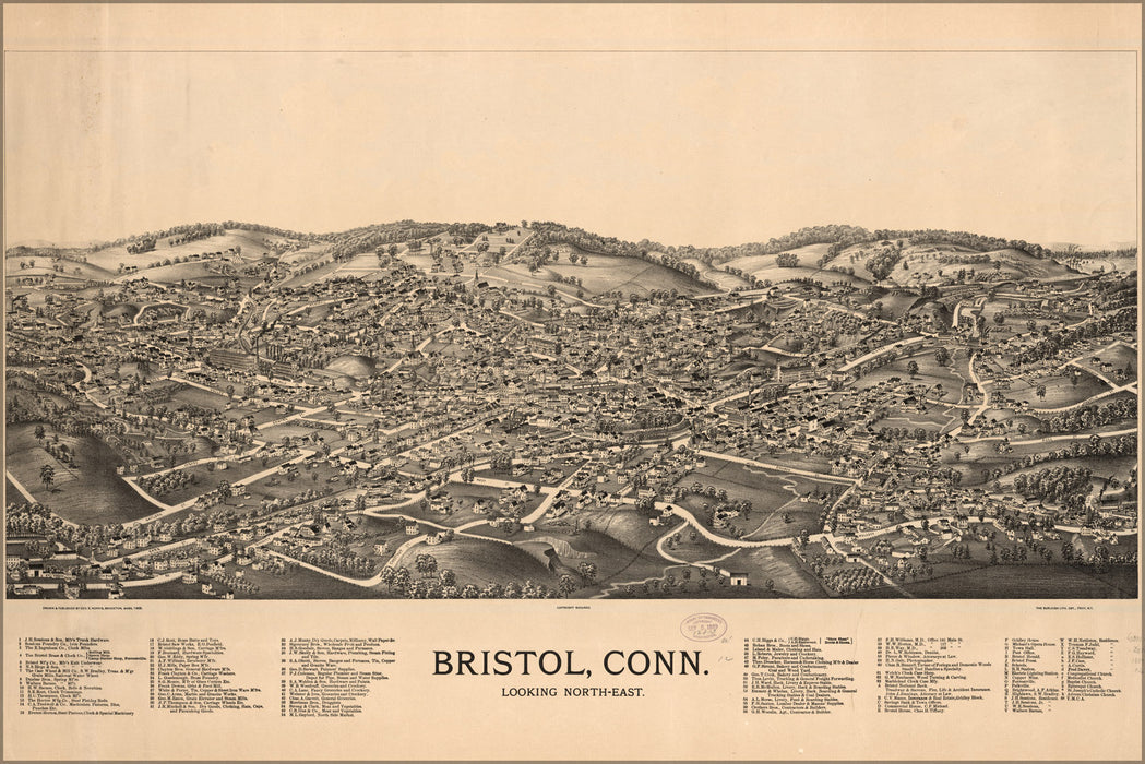 24"x36" Gallery Poster, map of Bristol, Connecticut 1889