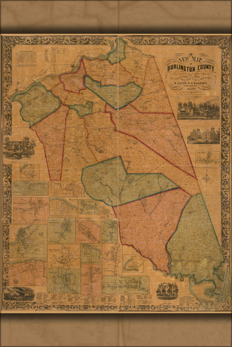 24"x36" Gallery Poster, map of Burlington County new jersey 1859