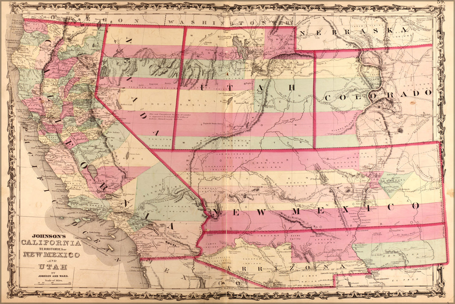 24"x36" Gallery Poster, map of California, New Mexico, and Utah 1862