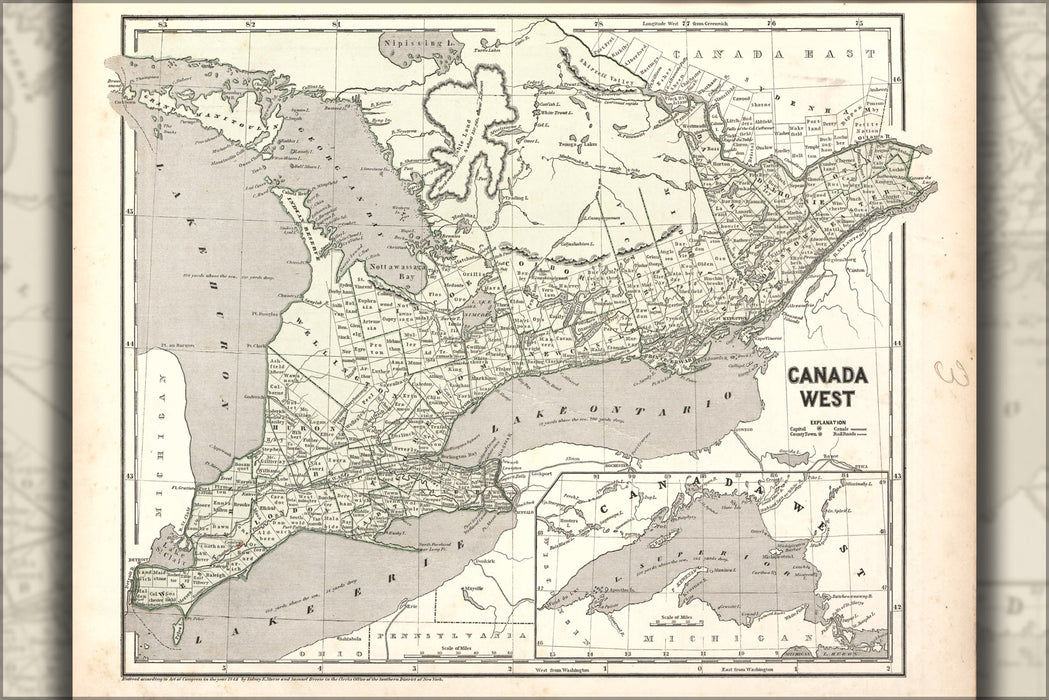 24"x36" Gallery Poster, map of Canada West 1842