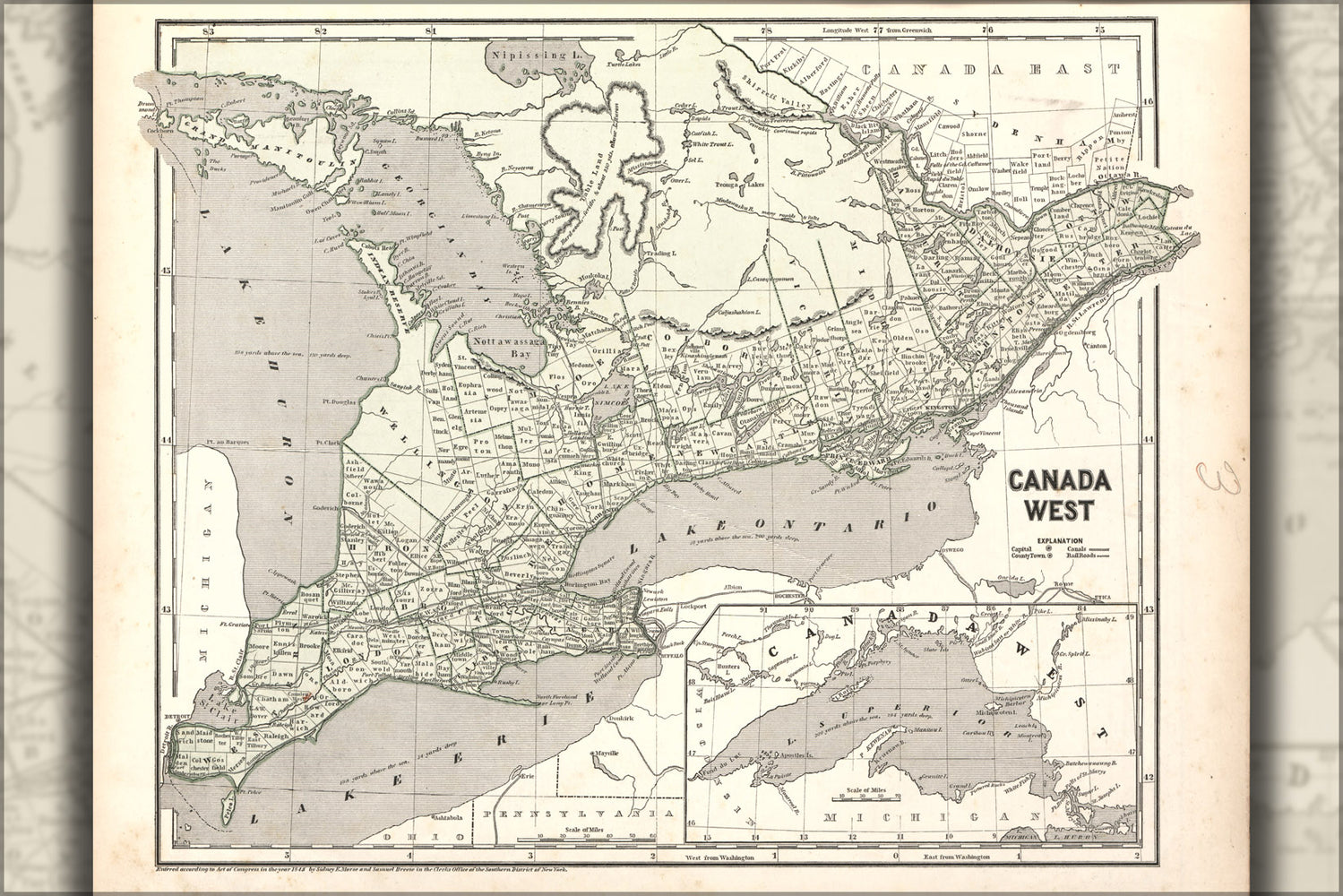 24"x36" Gallery Poster, map of Canada West 1842