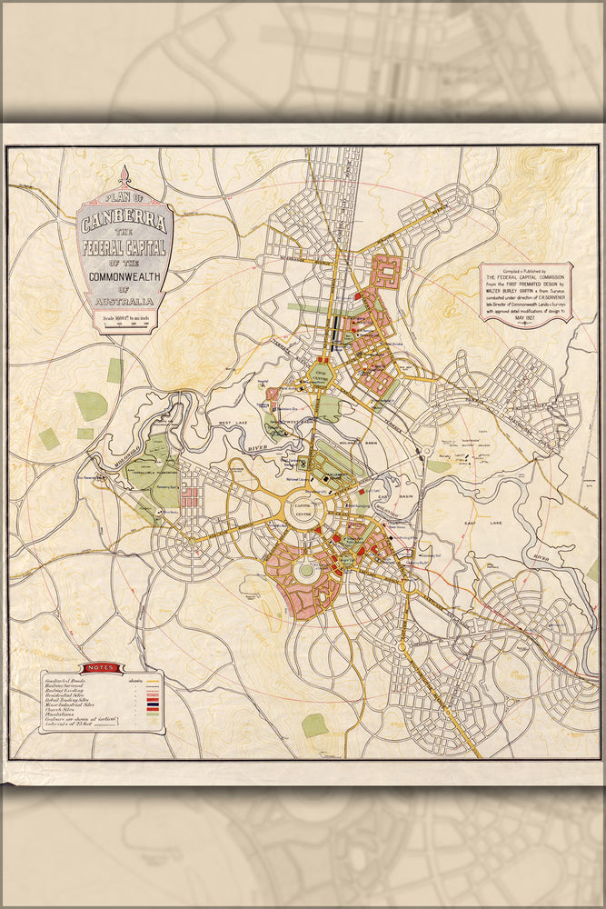24"x36" Gallery Poster, map of Canberra, capital of Australia 1927