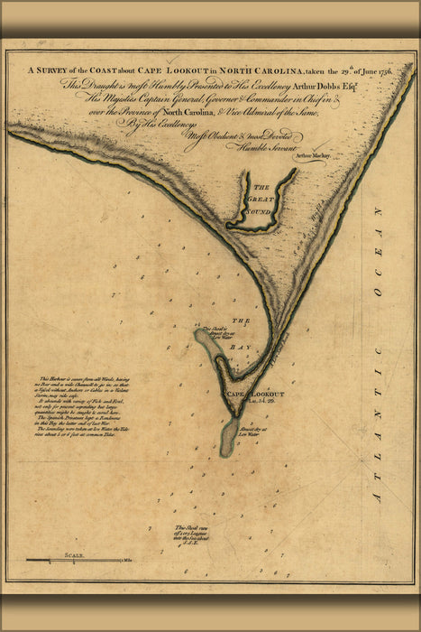 24"x36" Gallery Poster, map of Cape Lookout North Carolina 1756