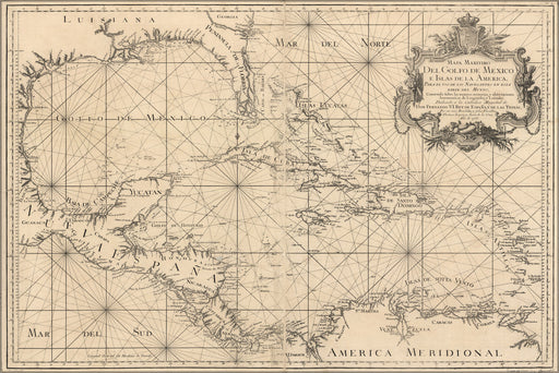 24"x36" Gallery Poster, map of Caribbean Area west indies 1755 in spanish