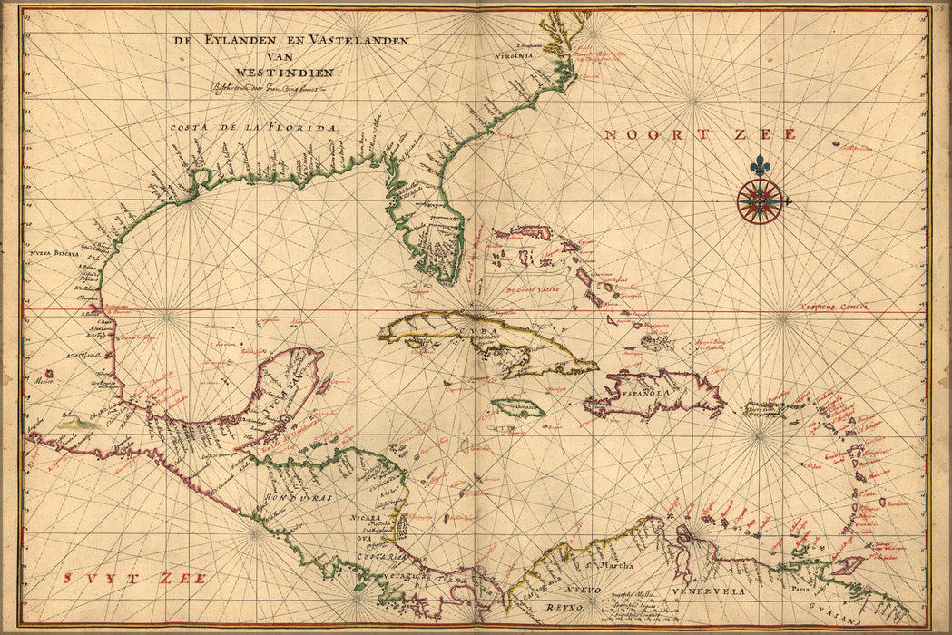 24"x36" Gallery Poster, map of Caribbean during pirates golden age 1639