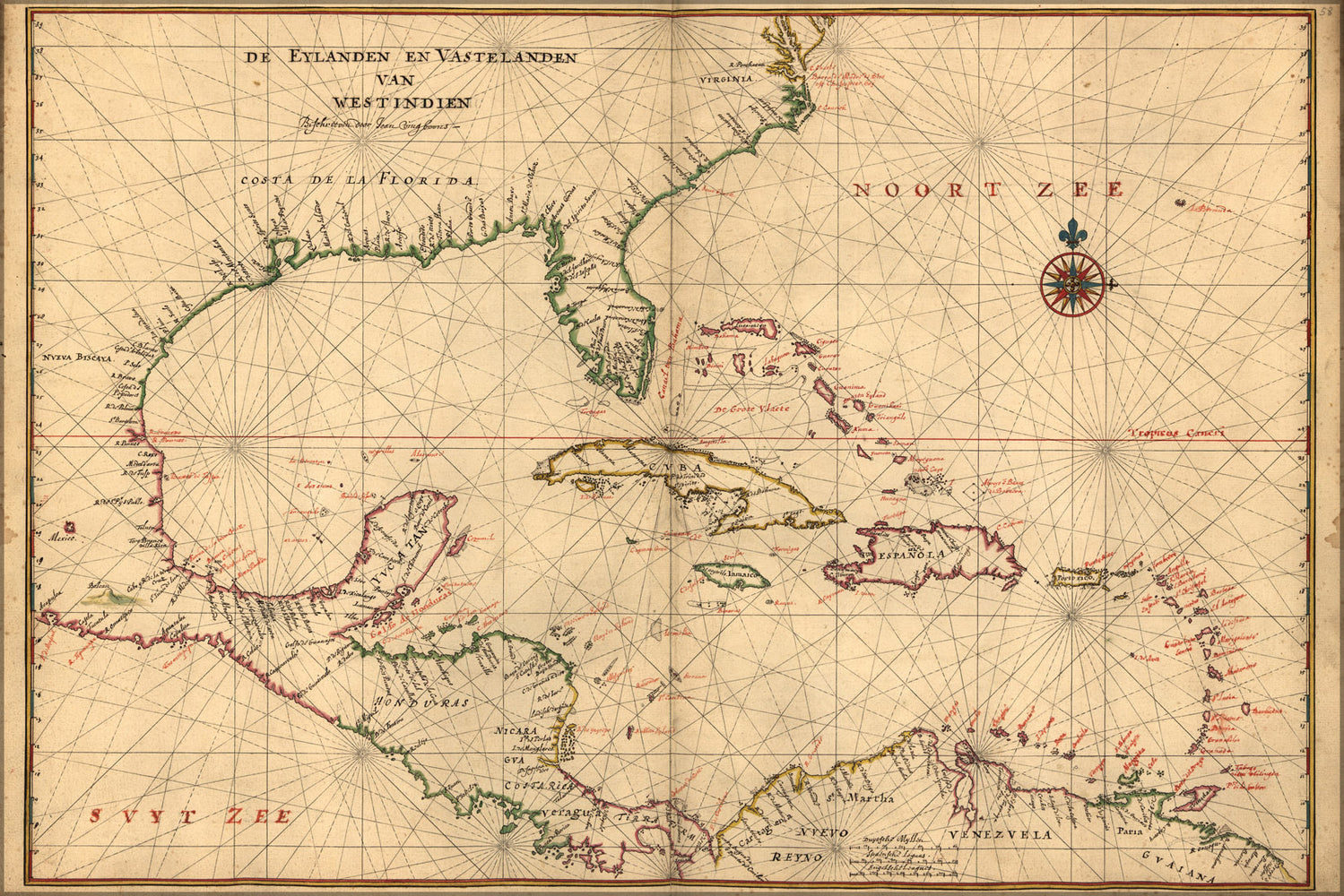 24"x36" Gallery Poster, map of Caribbean during pirates golden age 1639