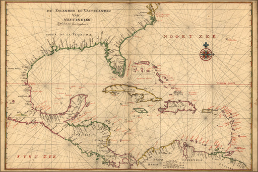 24"x36" Gallery Poster, map of Caribbean during pirates golden age 1639