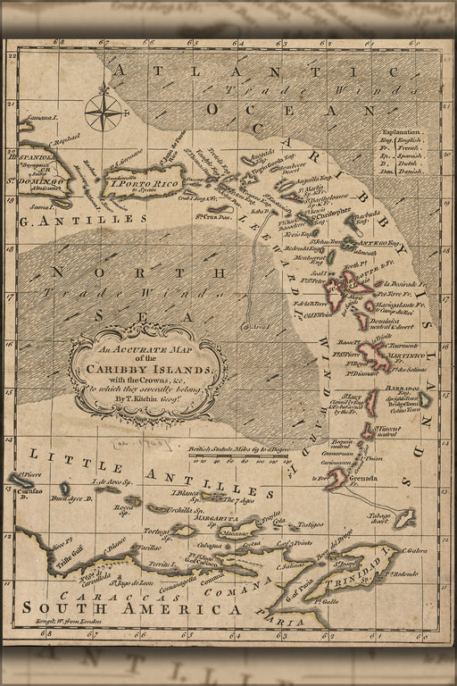 24"x36" Gallery Poster, map of Caribby Islands puerto rico Caribbean 1759