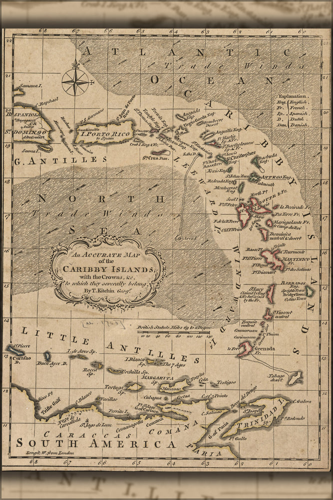 24"x36" Gallery Poster, map of Caribby Islands puerto rico Caribbean 1759