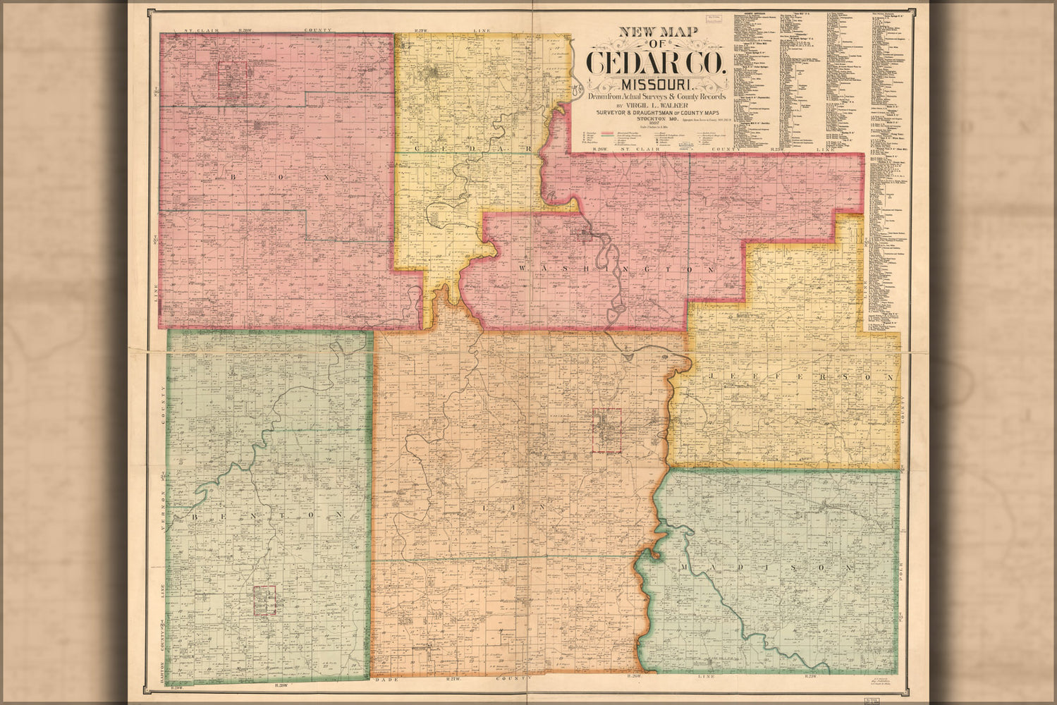 24"x36" Gallery Poster, map of Cedar County Missouri 1897