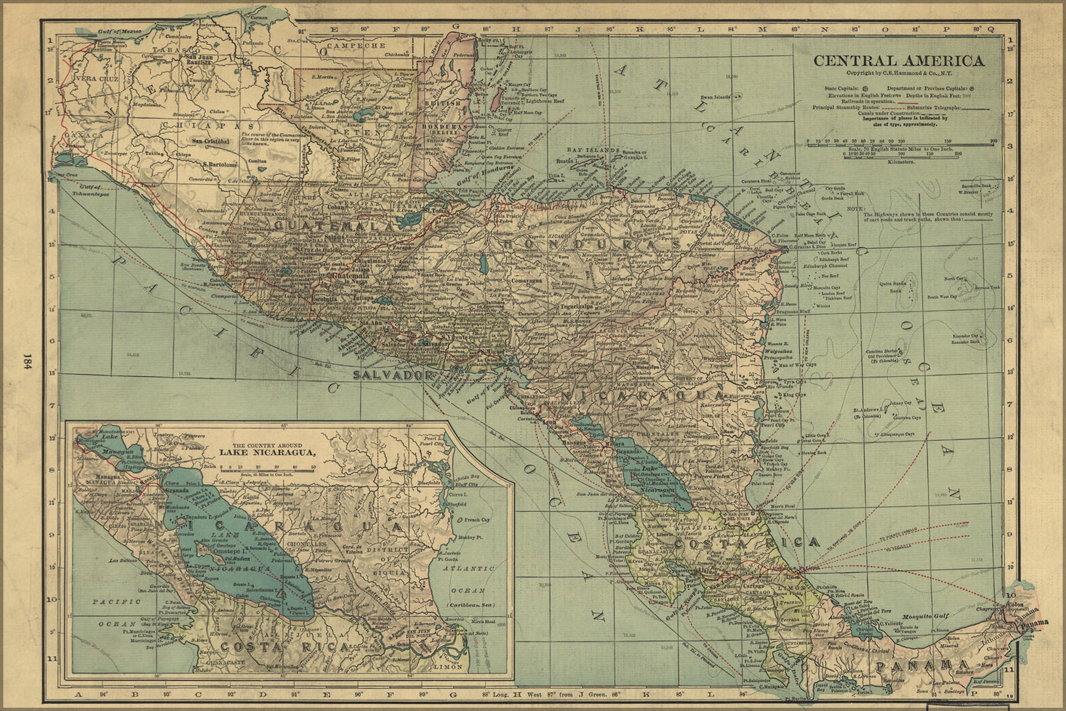 24"x36" Gallery Poster, map of Central America Panama costa rica guatemala honduras nicaragua el salvador 1900