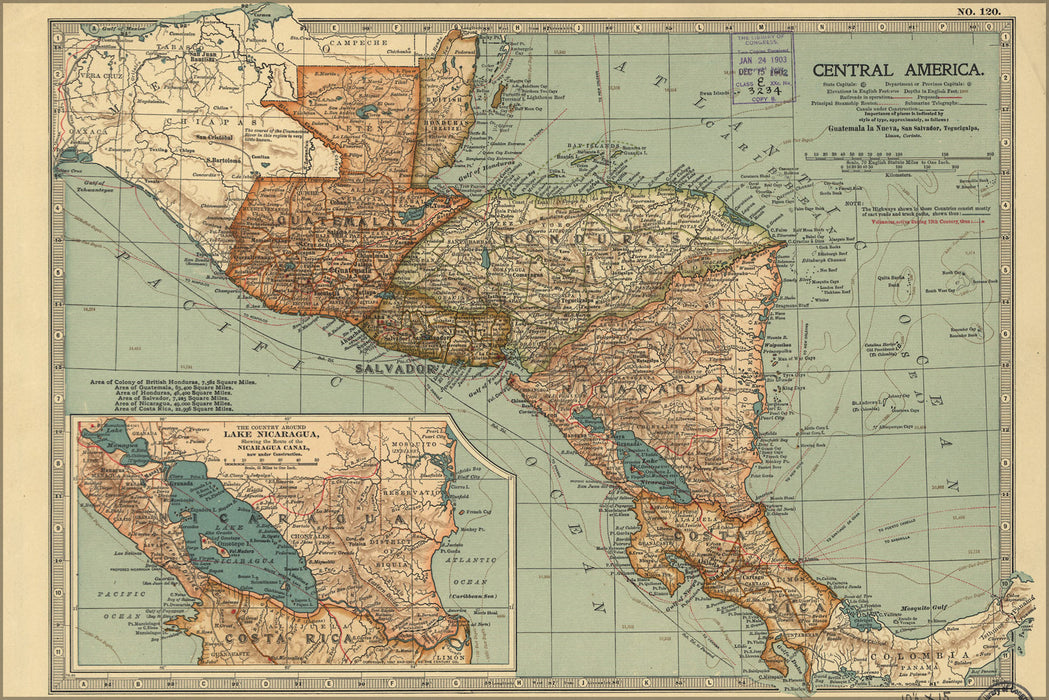 24"x36" Gallery Poster, map of Central America Panama costa rica guatemala honduras nicaragua el salvador 1902