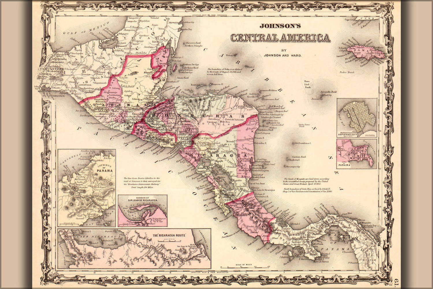 24"x36" Gallery Poster, map of Central America honduras costa rica 1862