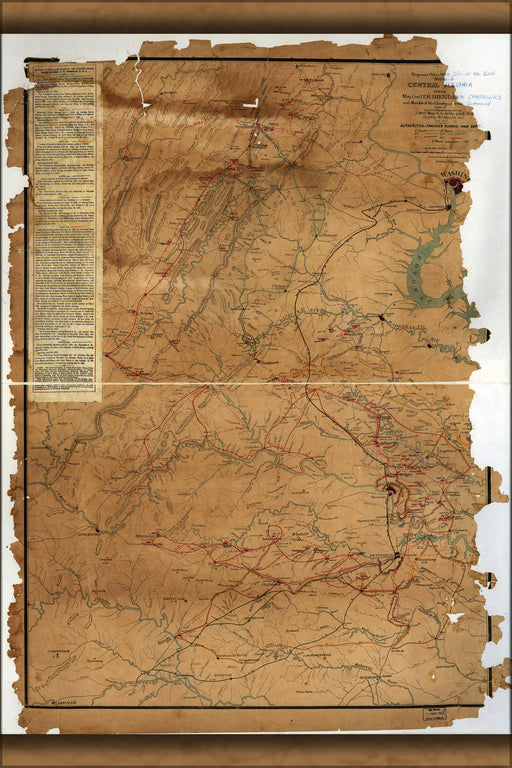 24"x36" Gallery Poster, map of Central Virginia general Sheridan campaigns 1864-65 civil war
