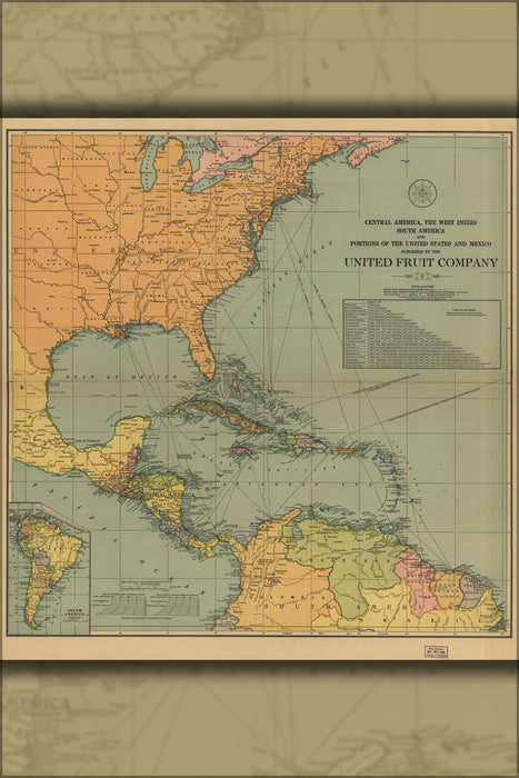 24"x36" Gallery Poster, map of Central & south America West Indies 1909