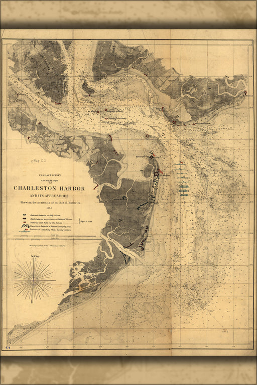 24"x36" Gallery Poster, map of Charleston Harbor 1863 fort sumter
