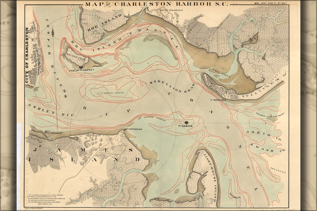 24"x36" Gallery Poster, map of Charleston Harbor, South Carolina 1832