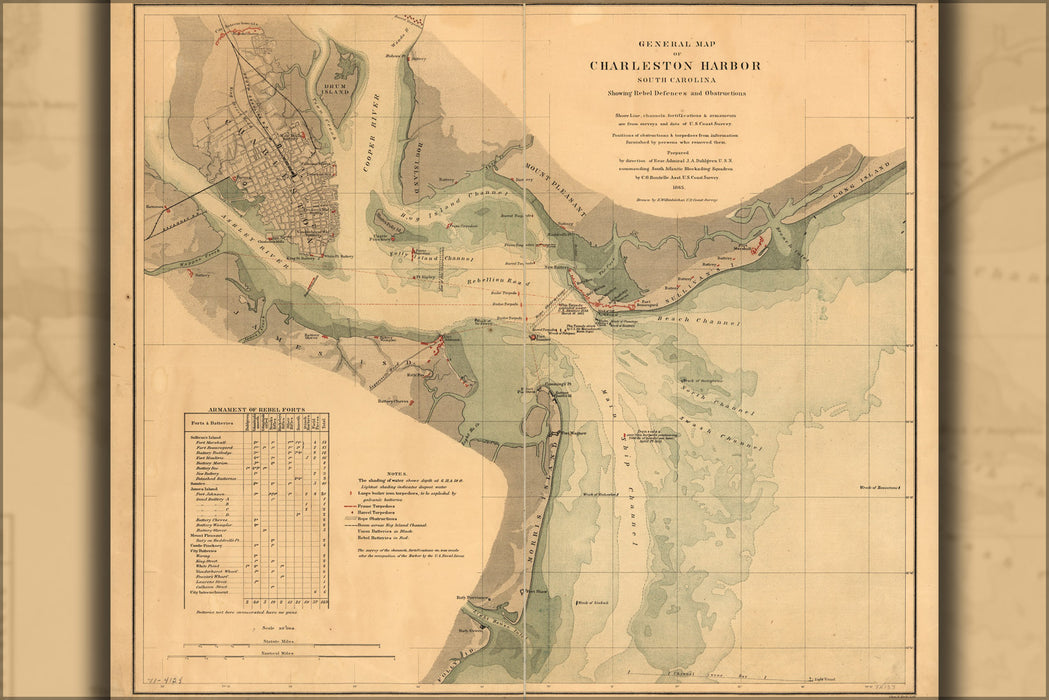 24"x36" Gallery Poster, map of Charleston Harbor, South Carolina 1865 p1