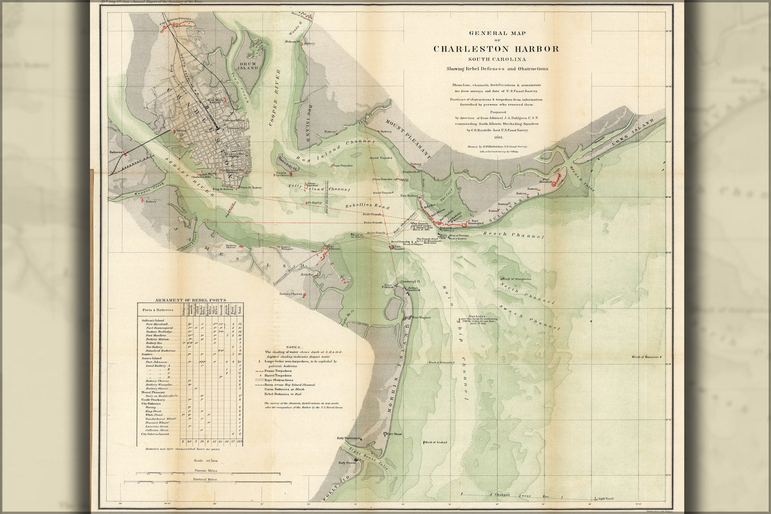 24"x36" Gallery Poster, map of Charleston Harbor, South Carolina 1865 p2