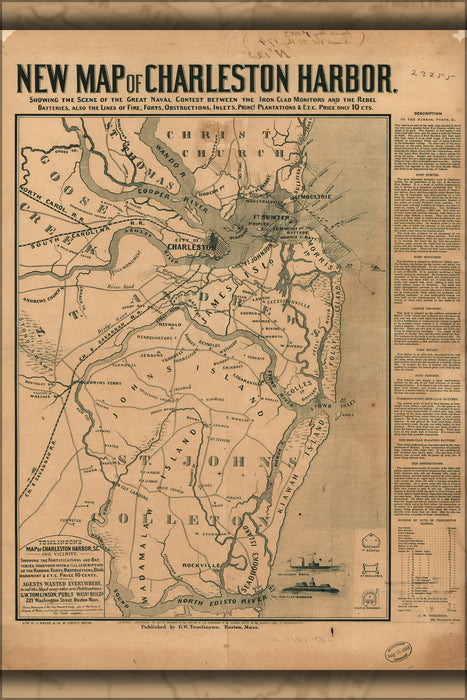 24"x36" Gallery Poster, map of Charleston Harbor & ironclads 1863