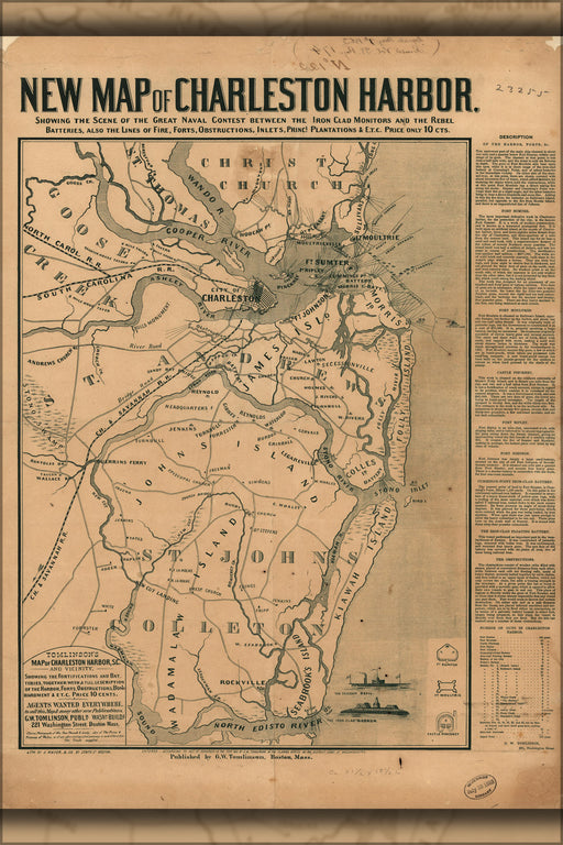 24"x36" Gallery Poster, map of Charleston Harbor & ironclads 1863