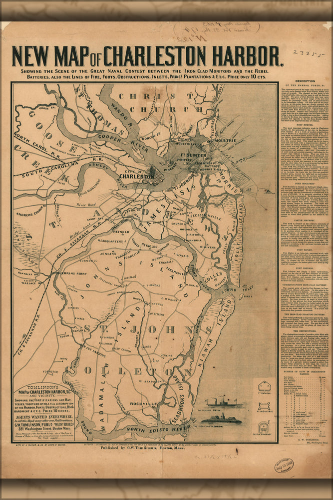 24"x36" Gallery Poster, map of Charleston Harbor & ironclads 1863
