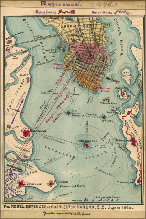 24"x36" Gallery Poster, map of Charleston Harbor south carolina 1863