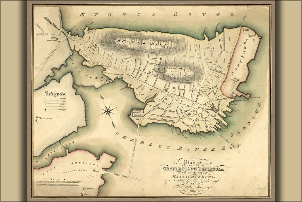 24"x36" Gallery Poster, map of Charlestown Boston massachusetts 1818