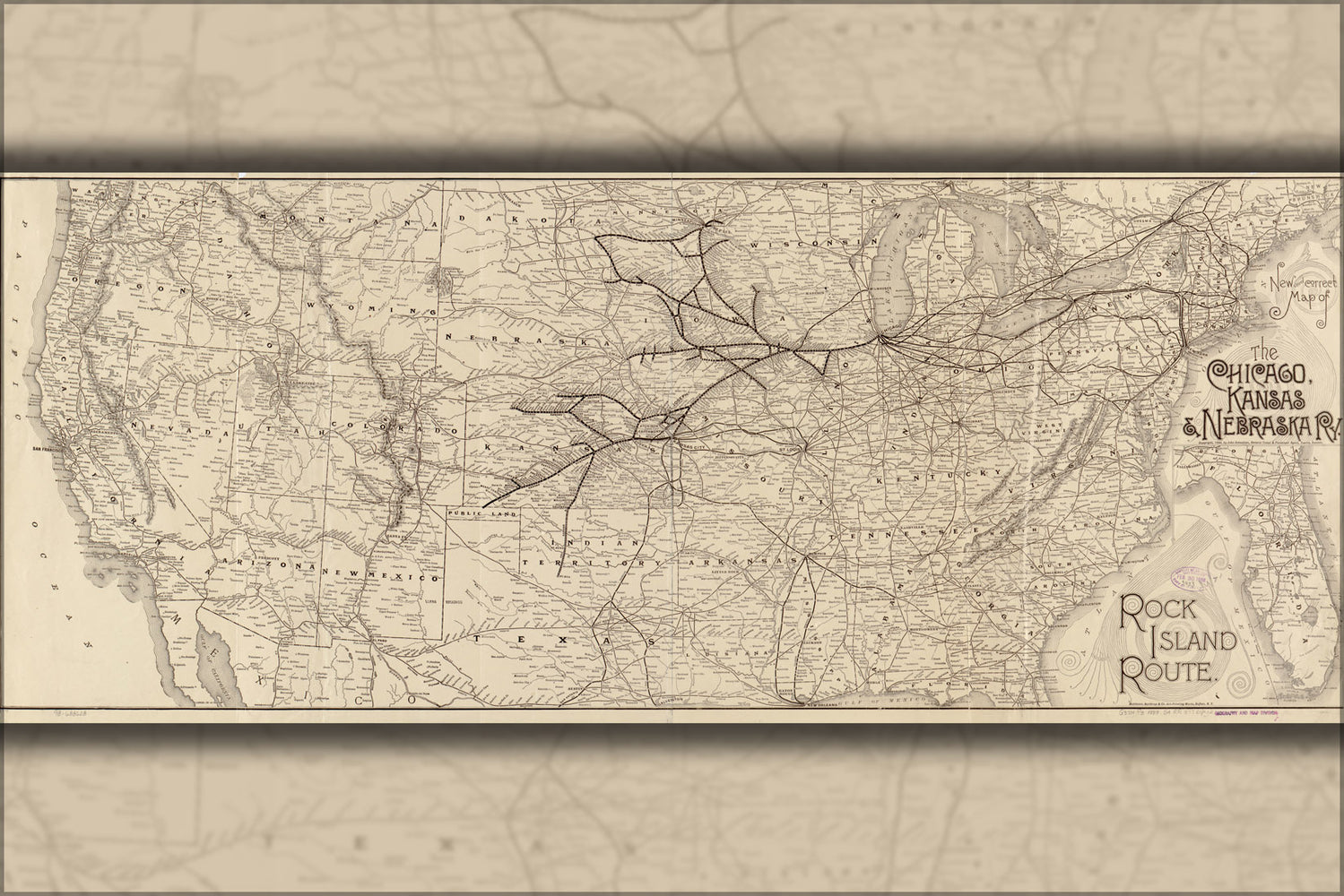 24"x36" Gallery Poster, map of Chicago Kansas & Nebraska railroad 1888