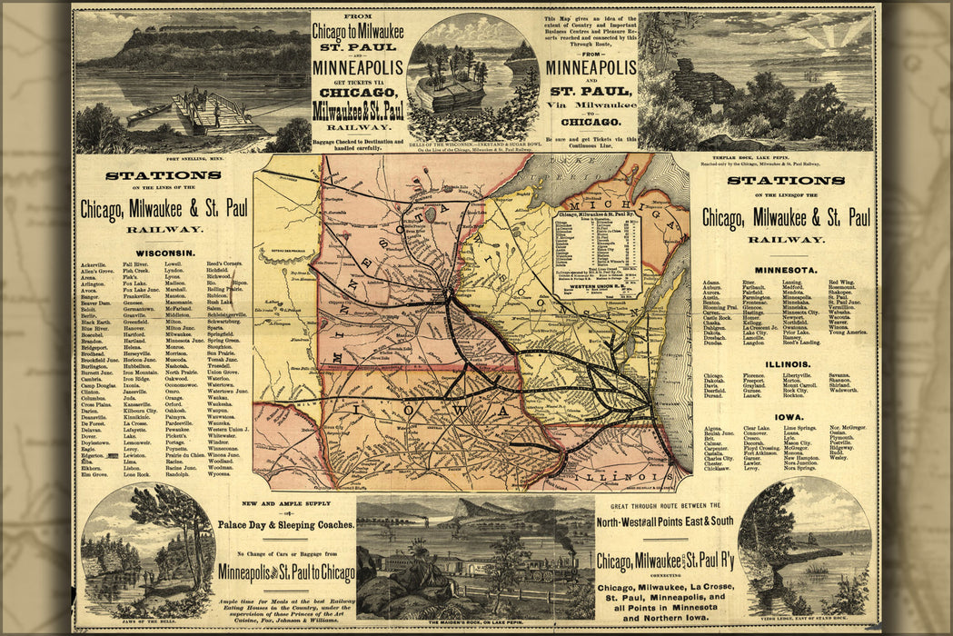 24"x36" Gallery Poster, map of Chicago Milwaukee & St. Paul Railroad 1874
