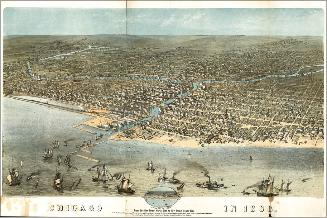 24"x36" Gallery Poster, map of Chicago in 1868