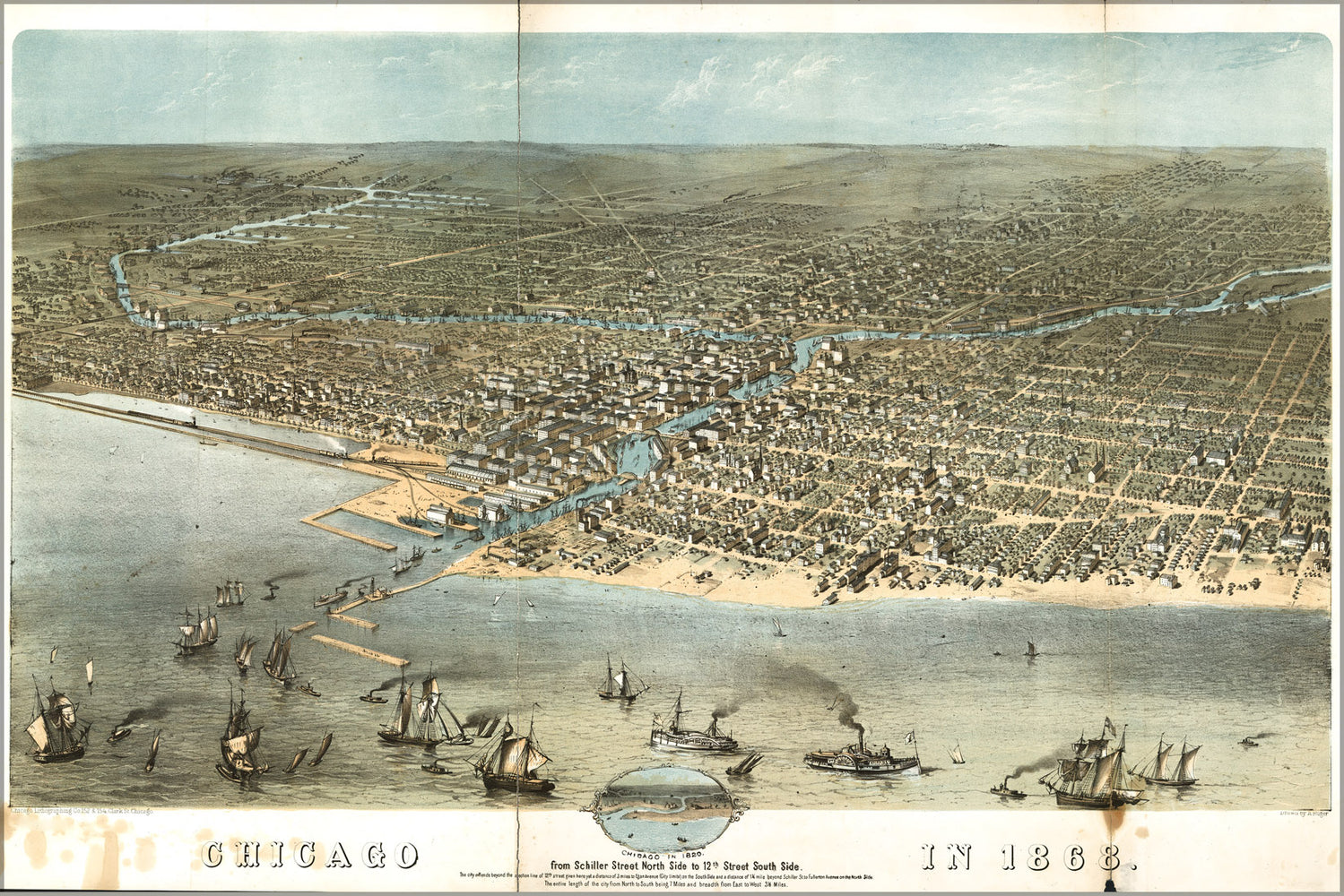24"x36" Gallery Poster, map of Chicago in 1868