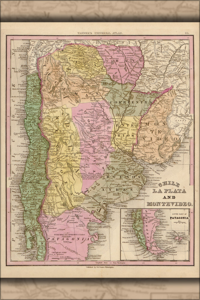 24"x36" Gallery Poster, map of Chile, La Plata and Montevideo 1844