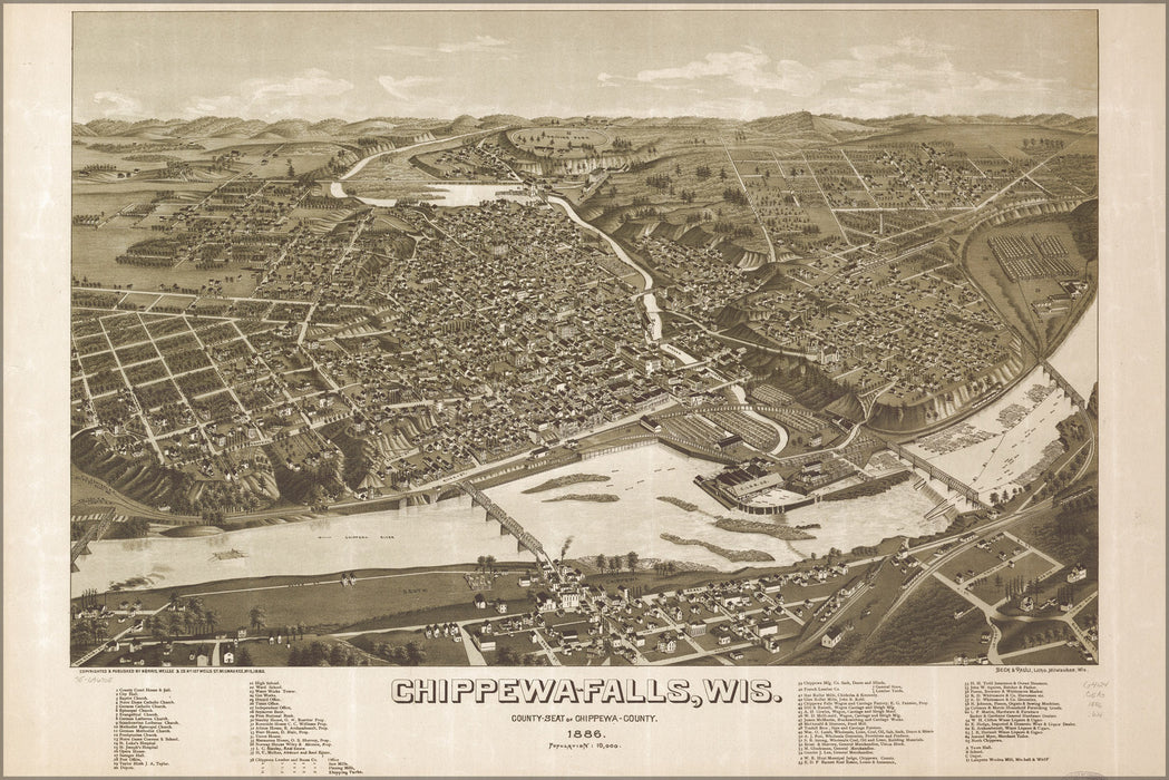 24"x36" Gallery Poster, map of Chippewa Falls, Wisconsin 1886