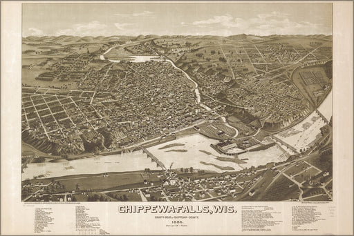 24"x36" Gallery Poster, map of Chippewa Falls, Wisconsin 1886