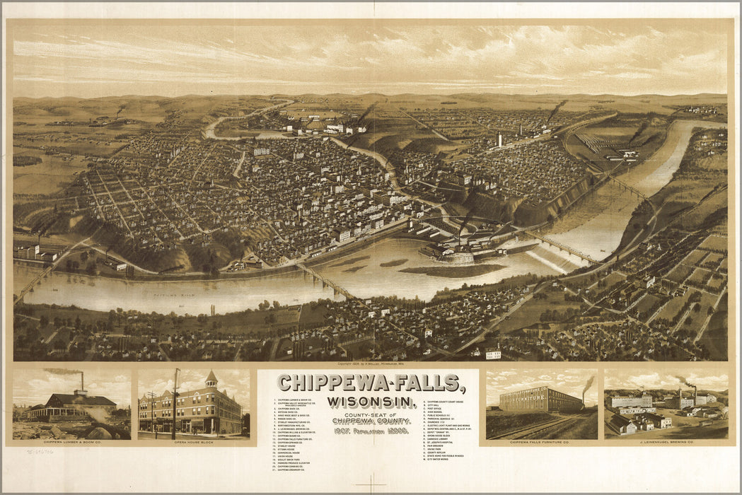 24"x36" Gallery Poster, map of Chippewa Falls, Wisconsin 1907
