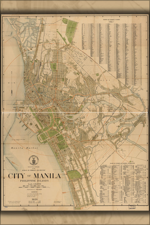 24"x36" Gallery Poster, map of City of Manila, Philippines 1920