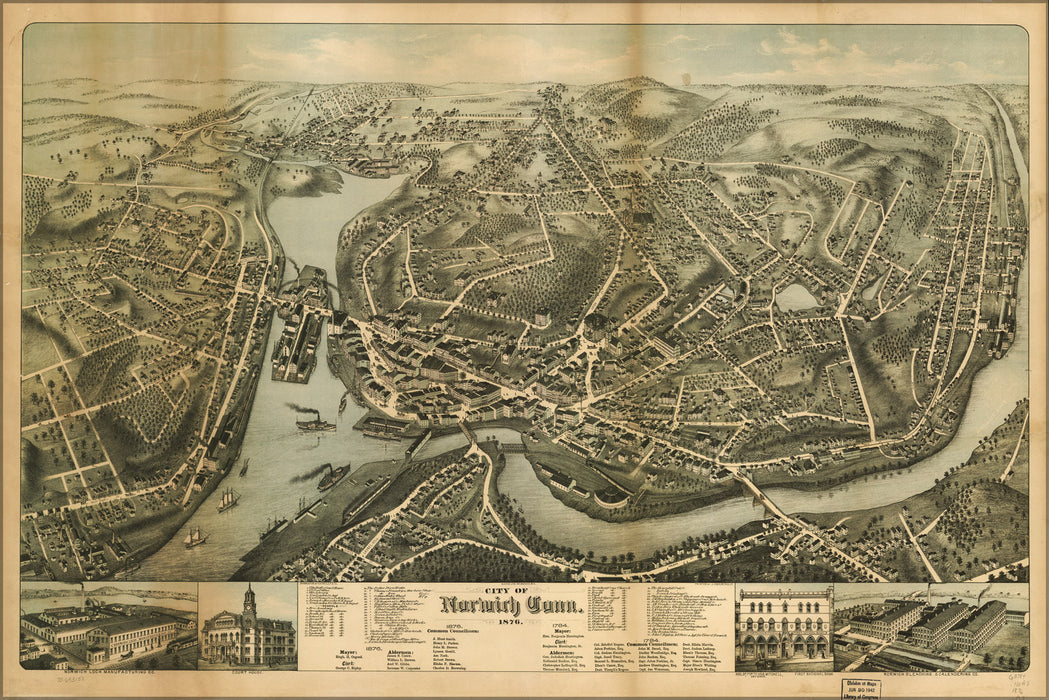 24"x36" Gallery Poster, map of City of Norwich, Conneticut 1876
