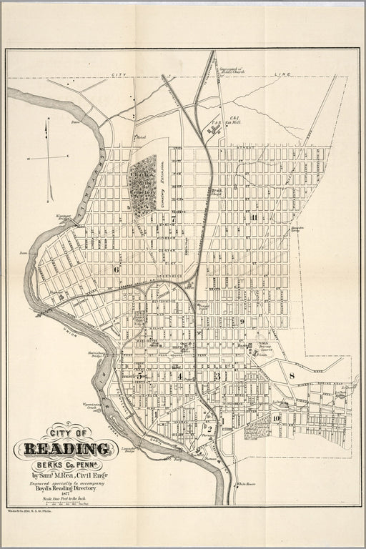 24"x36" Gallery Poster, map of City of Reading, Pennsylvania 1877