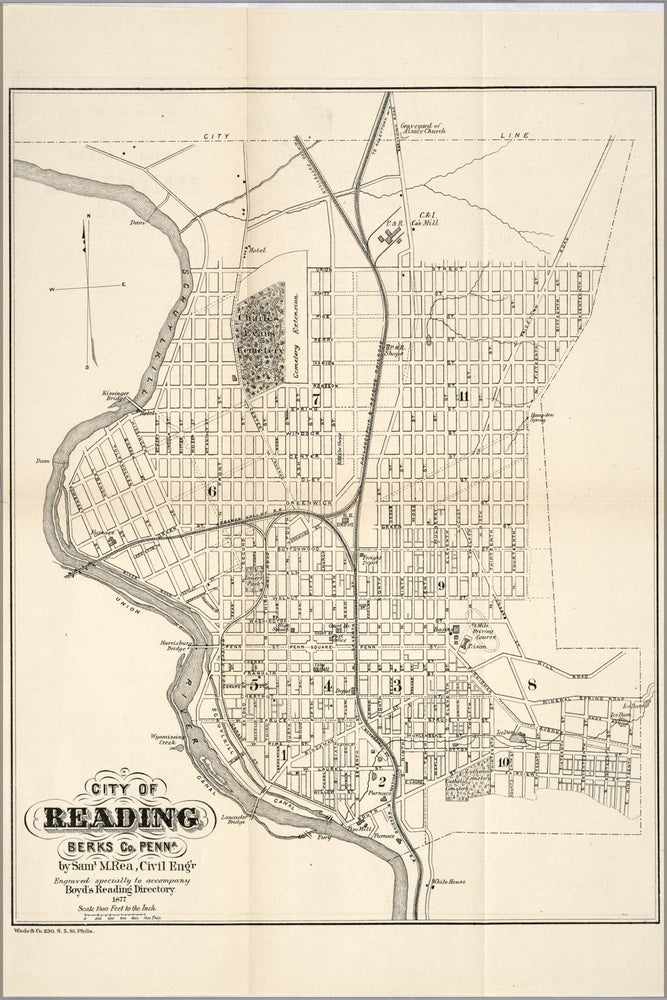 24"x36" Gallery Poster, map of City of Reading, Pennsylvania 1877
