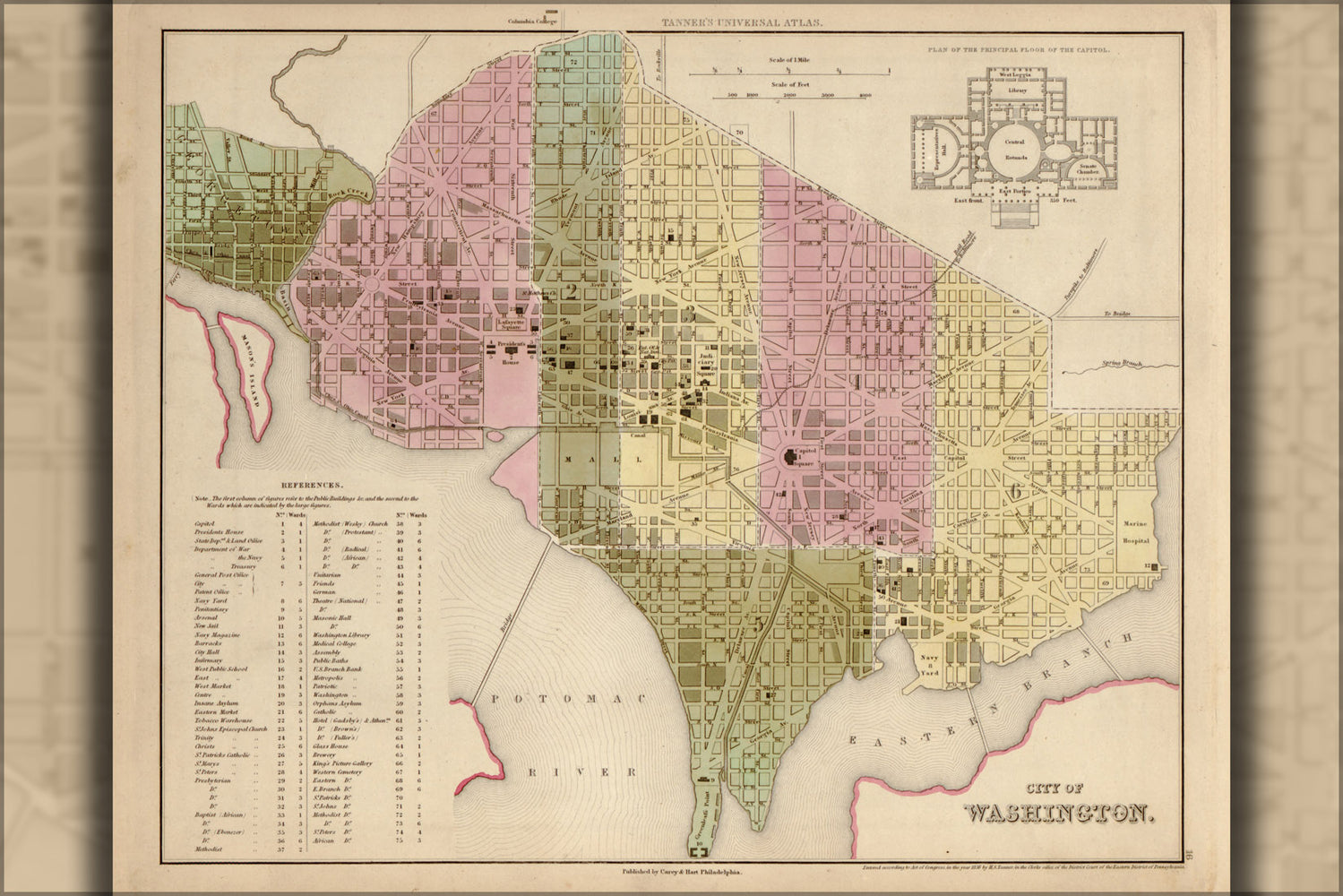 24"x36" Gallery Poster, map of City of Washington D.C. 1844