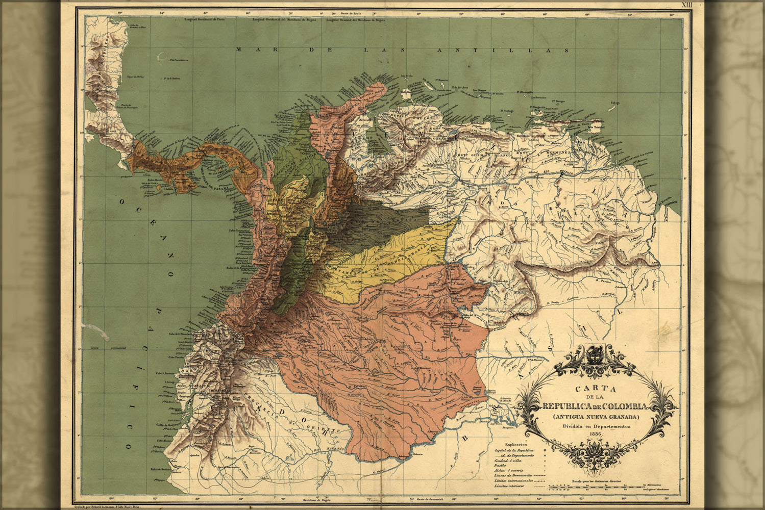 24"x36" Gallery Poster, map of Colombia panama 1886