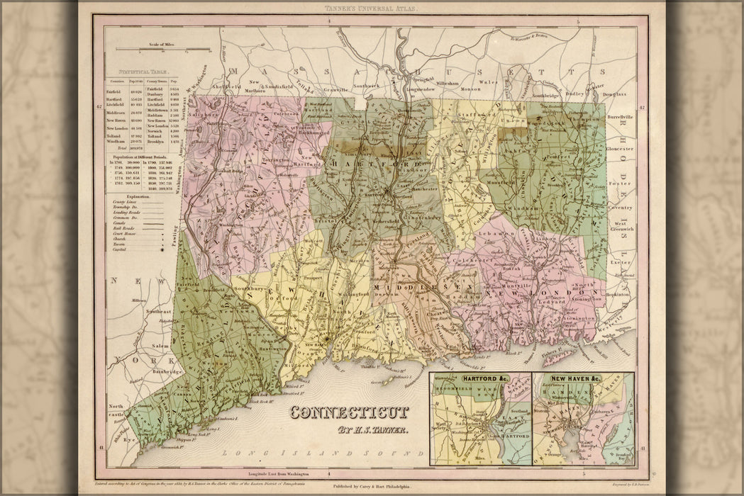 24"x36" Gallery Poster, map of Connecticut 1844