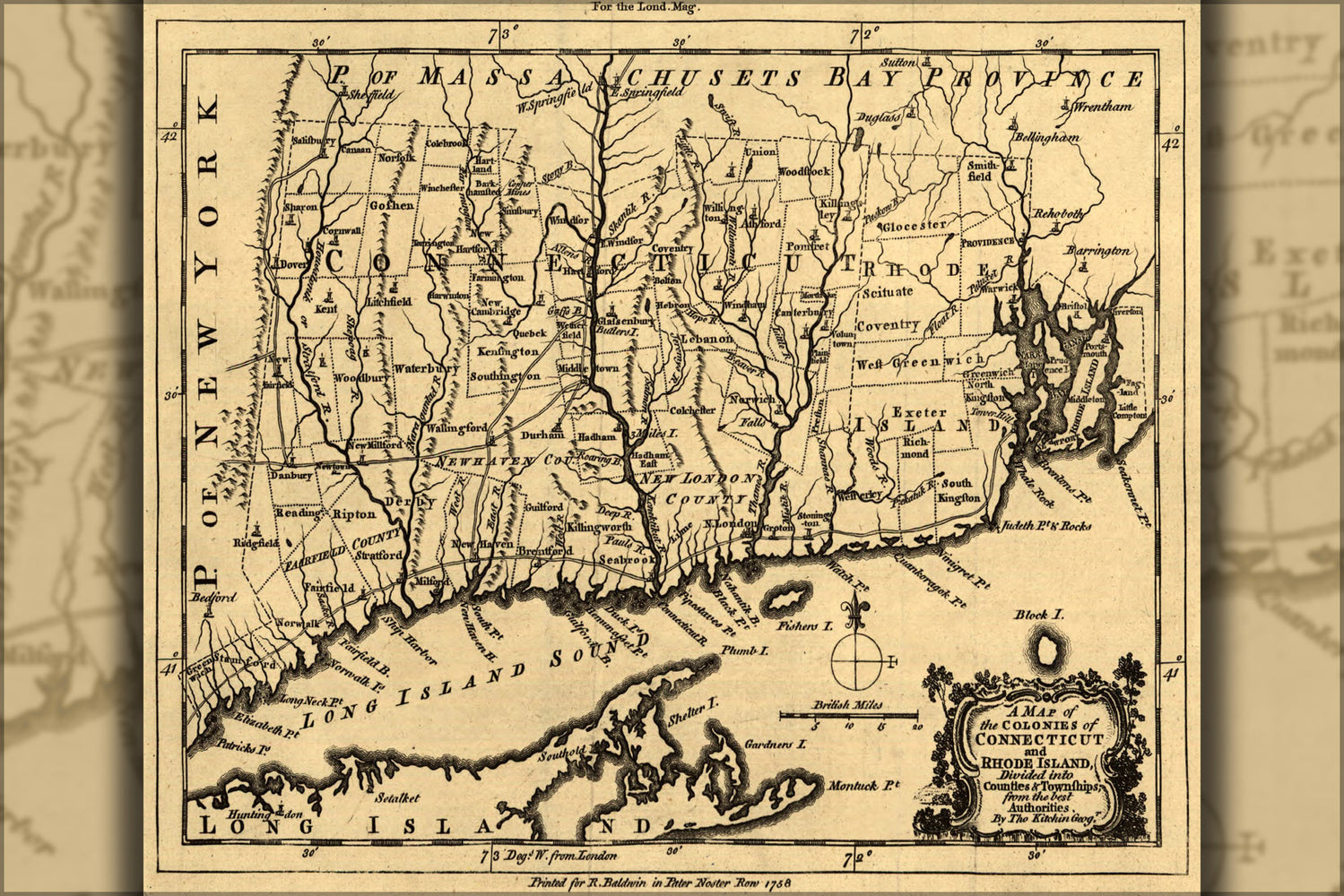 24"x36" Gallery Poster, map of Connecticut and Rhode Island 1758
